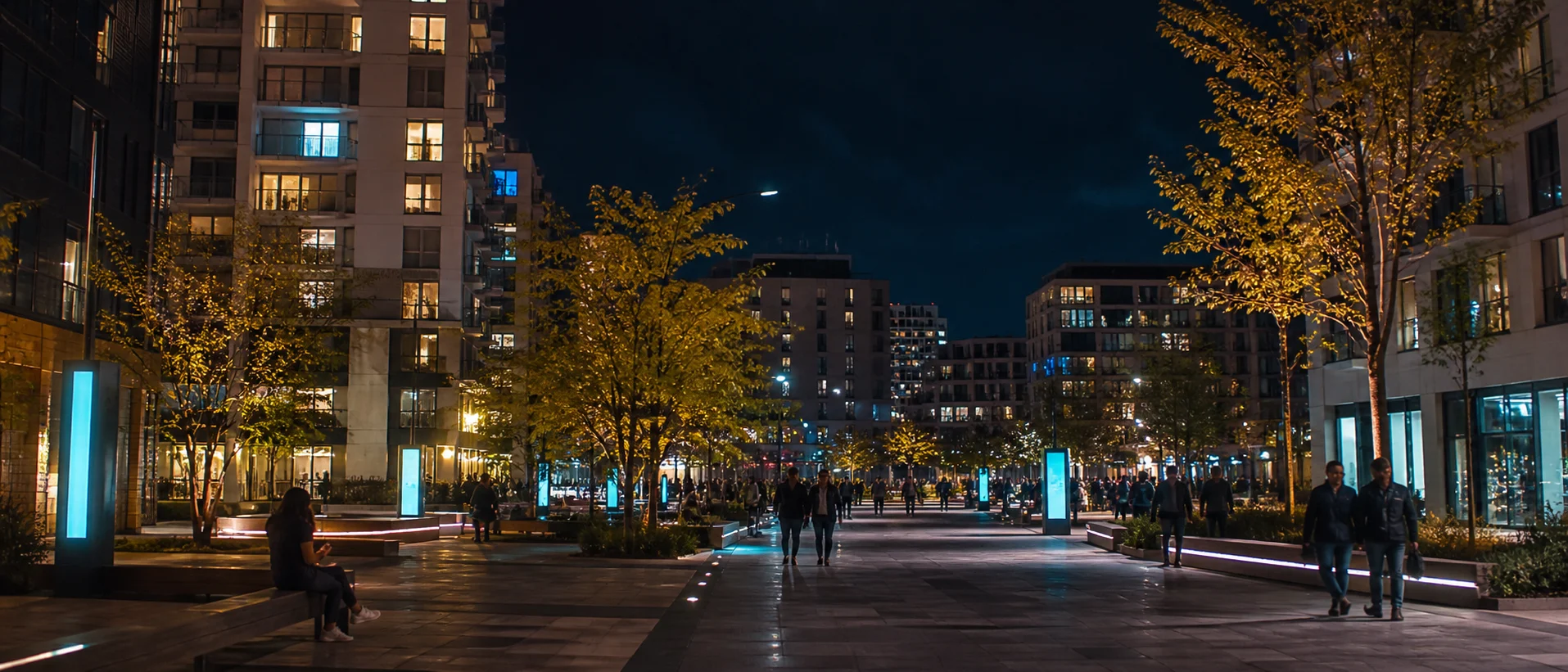 Place urbaine nocturne traversée de balises lumineuses