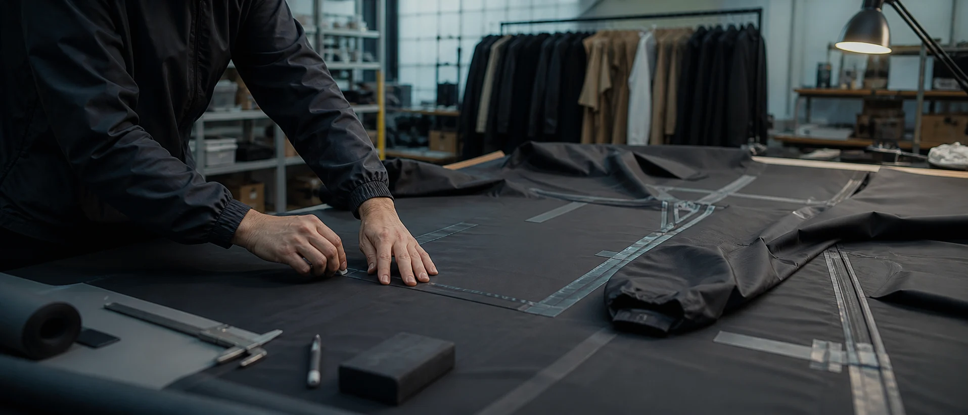 Modéliste ajustant une veste technique sombre