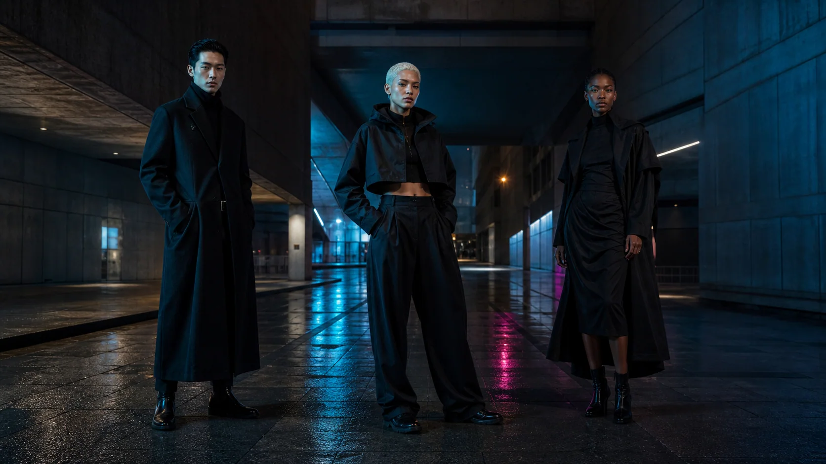 Trois silhouettes noires dans une architecture nocturne