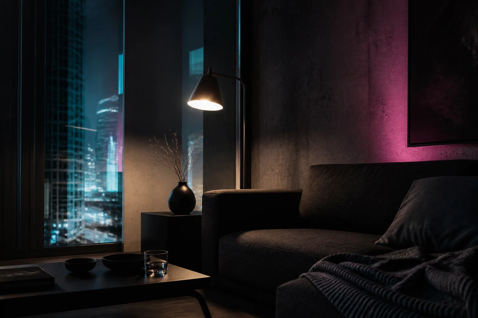 Salon nocturne éclairé par une ville cyan et magenta