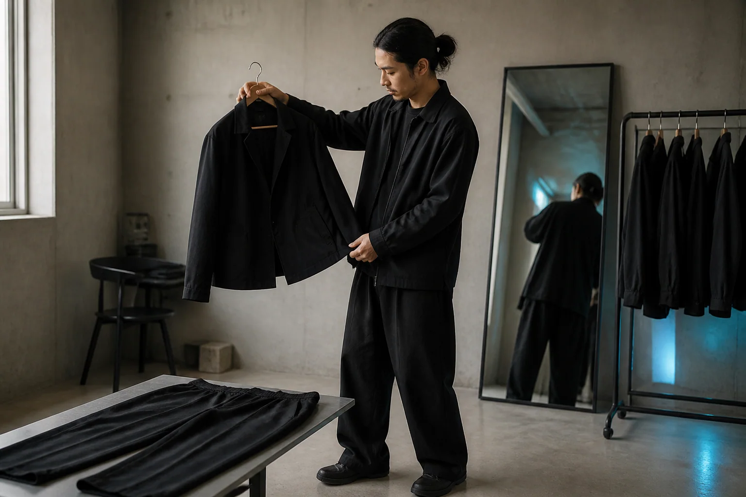 Créateur examinant une veste noire dans un atelier minimaliste