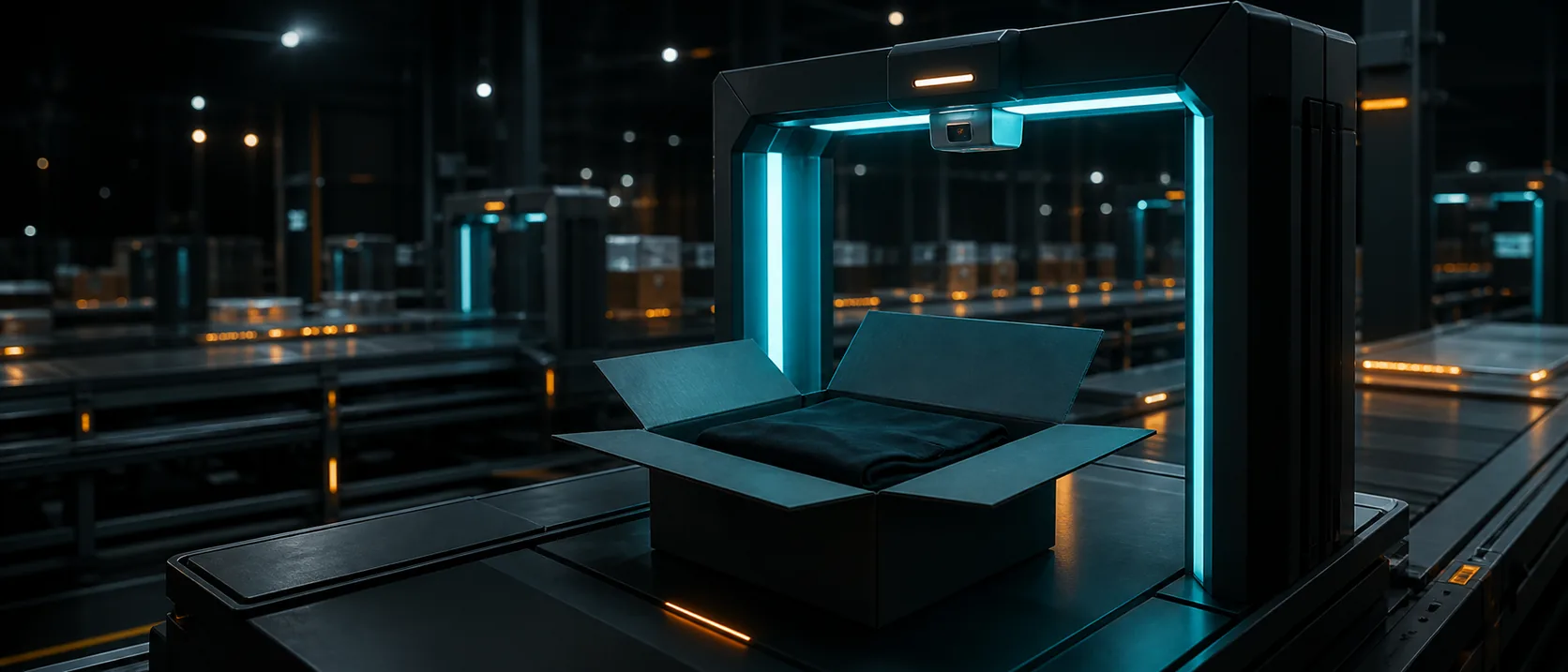 Colis textile contrôlé sur une plateforme logistique nocturne