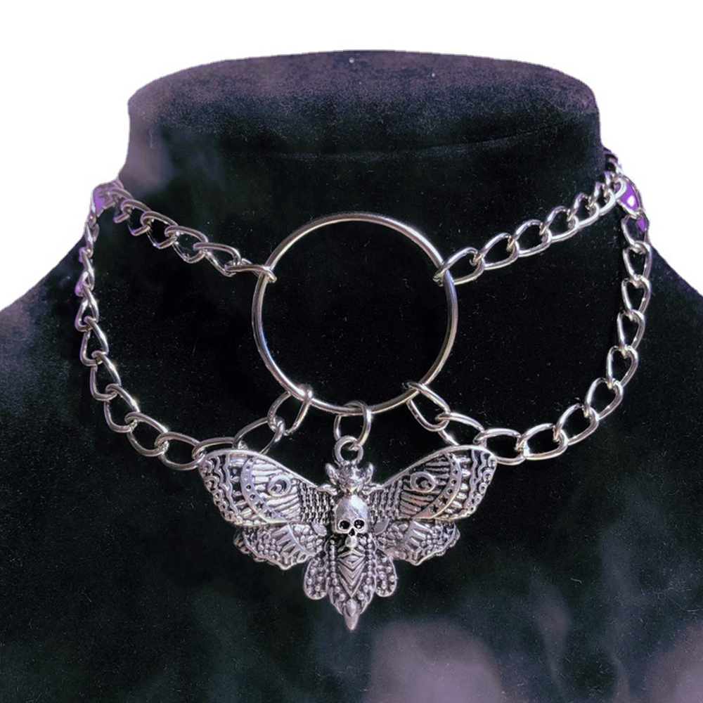 Collier Ras-du-Cou Gothique Papillon Crâne – Chaîne Argentée – Image 2