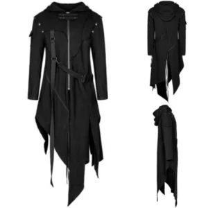 Veste à Capuche Dieselpunk Noire – Coupe Asymétrique et Sangles
