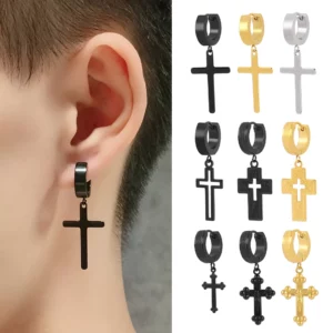 Créoles Gothiques Croix Pendantes – Noir, Doré ou Argenté