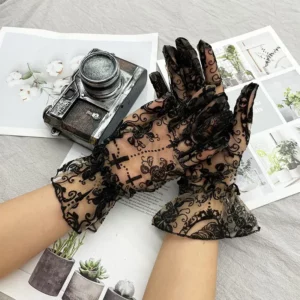 Gants Courts Gothiques en Dentelle avec Fleurs et Croix