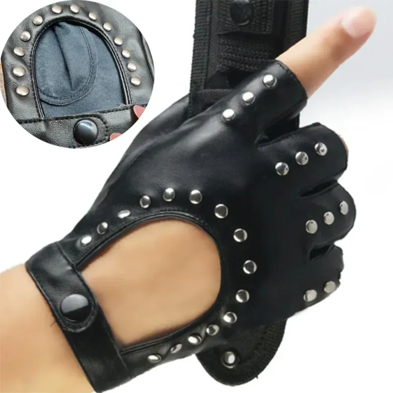 Gants Courts Gothiques en Similicuir avec Rivets Argentés