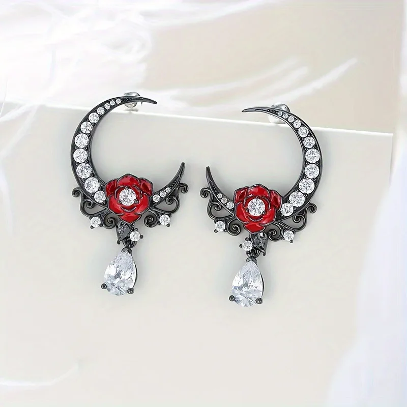 Boucles d’Oreilles Gothiques Lune et Rose Rouge – Image 5