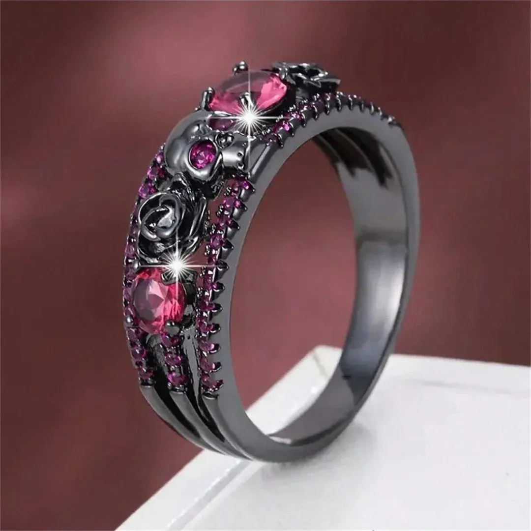 Bague Gothique Crane Rose et Pierres Rouges