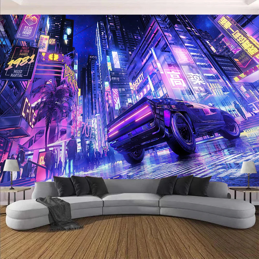 Tapisserie Cyberpunk Future City – Néons Multicolores – Image 5