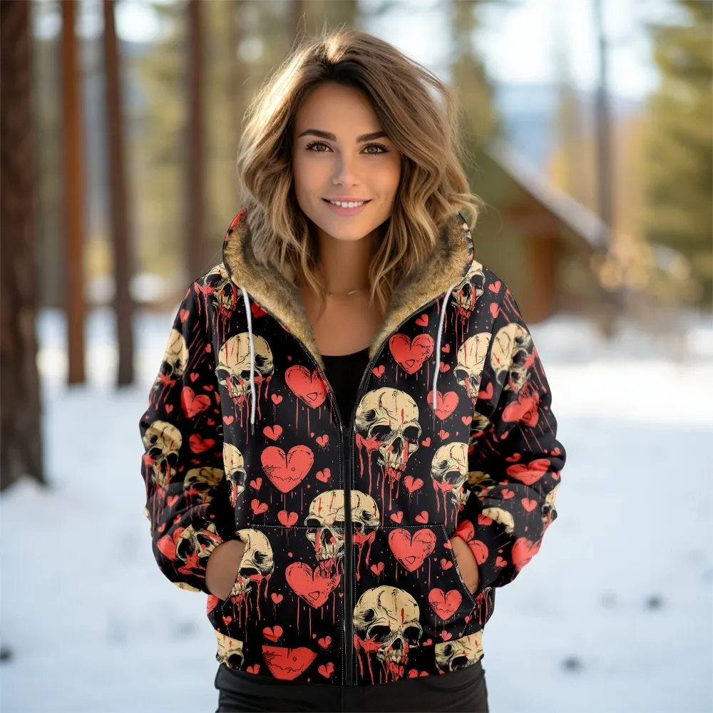 Veste Noire Gothique a Motif Cranes et Coeurs Rouges