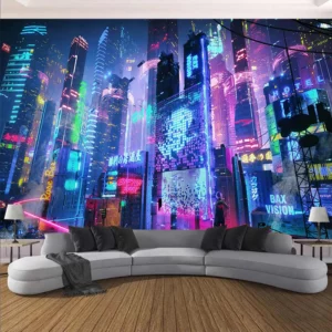 Tapisserie Cyberpunk Future City – Néons Multicolores