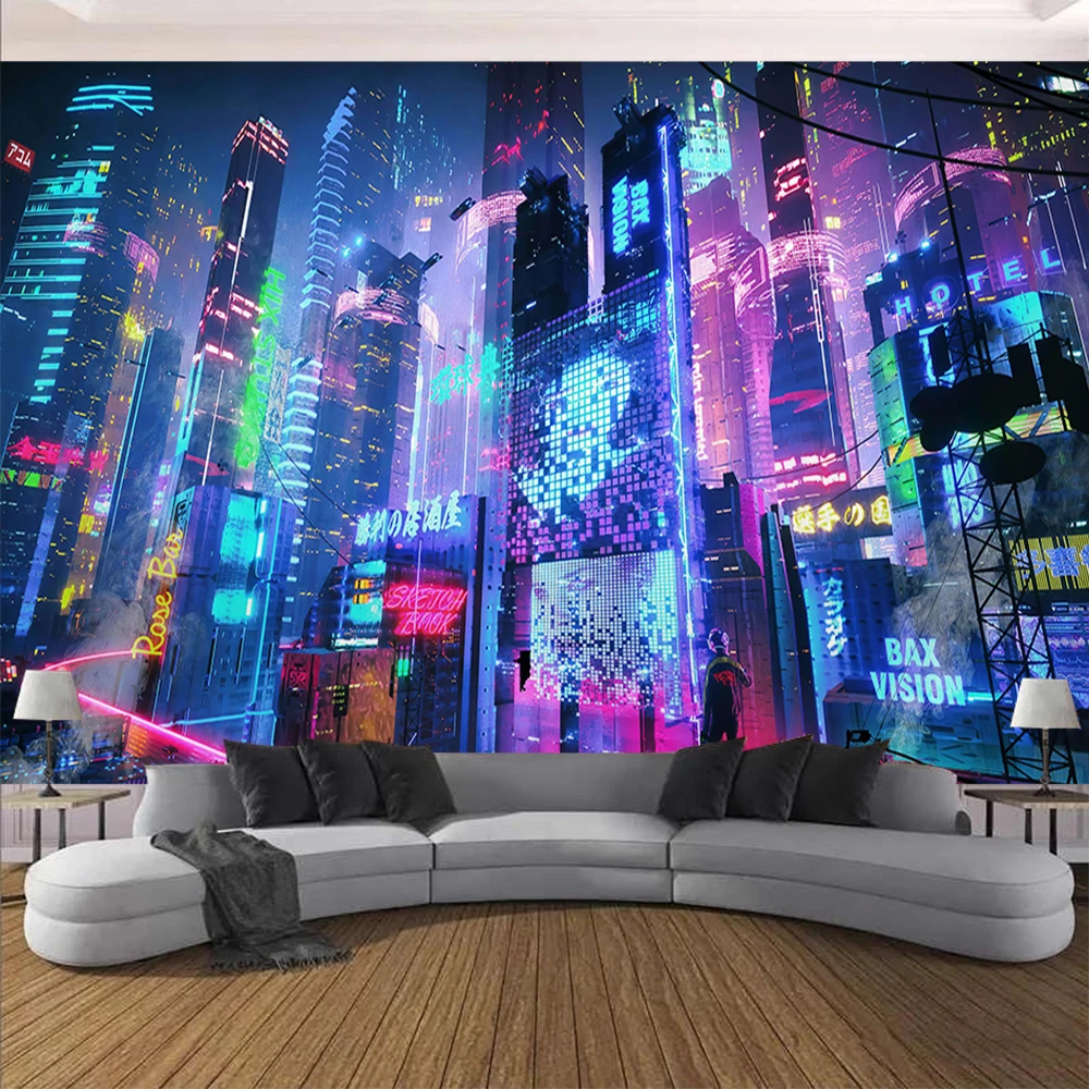 Tapisserie Cyberpunk Future City – Néons Multicolores