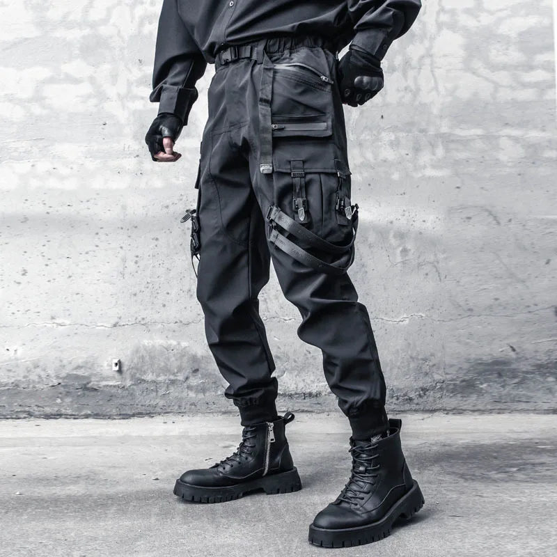 Pantalon Cargo Techwear Multi-Poches – Noir à Rubans – Image 4