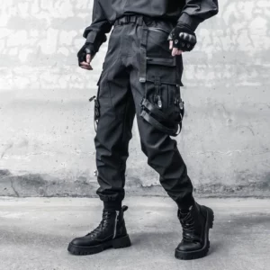 Pantalon Cargo Techwear Multi-Poches – Noir à Rubans
