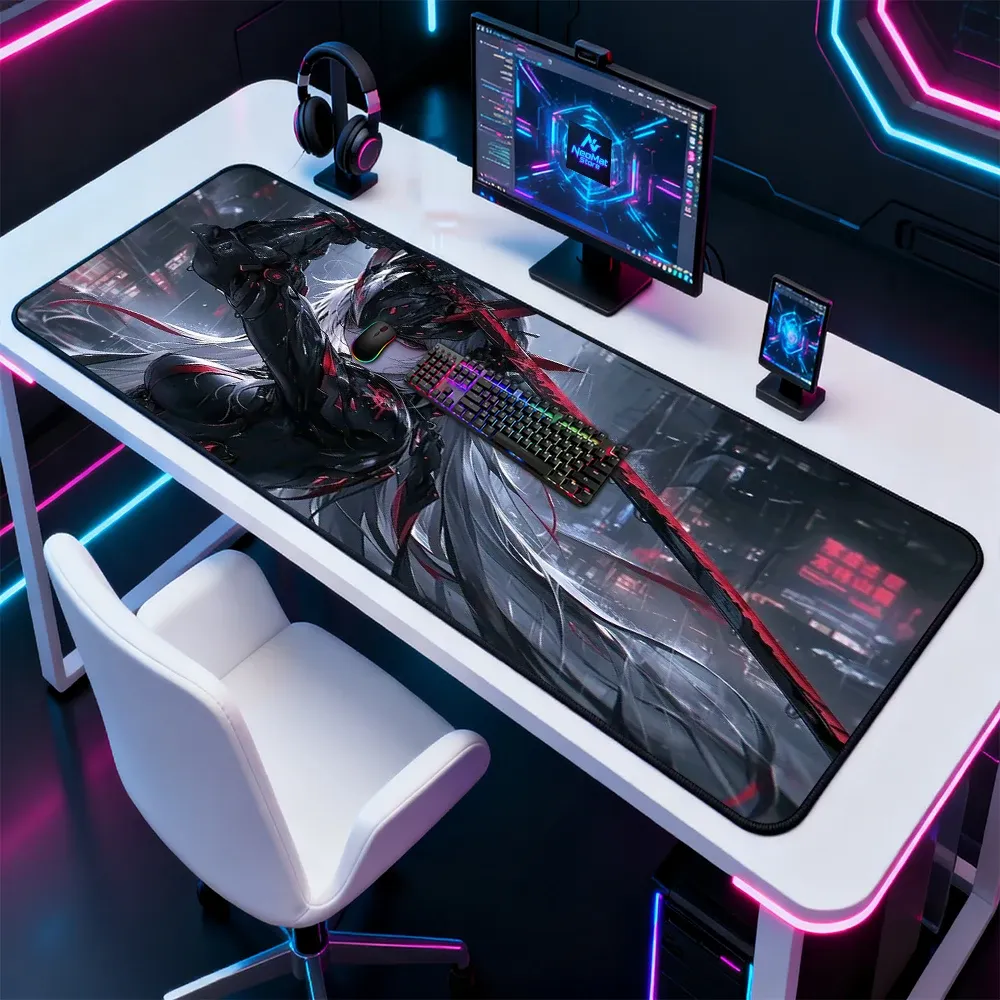 Tapis de Bureau Cyberpunk XXL Noir Rouge Gris 140 x 60 cm – Image 2