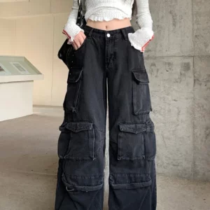 Pantalon Cargo Gothique Noir a Jambes Larges