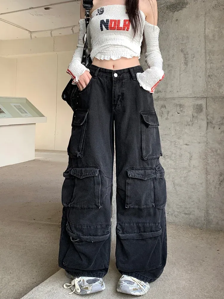 Pantalon Cargo Gothique Noir a Jambes Larges