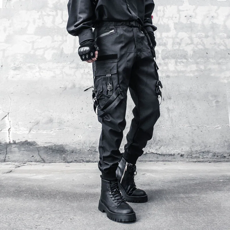 Pantalon Cargo Techwear Multi-Poches – Noir à Rubans – Image 3