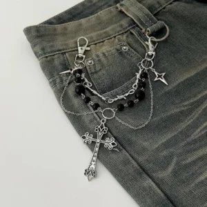 Chaîne Gothique Croix et Perles Noires – Pampilles pour Jean ou Sac