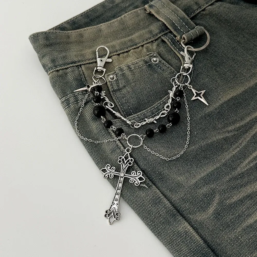 Chaîne Gothique Croix et Perles Noires – Pampilles pour Jean ou Sac