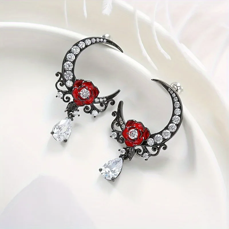 Boucles d’Oreilles Gothiques Lune et Rose Rouge – Image 4