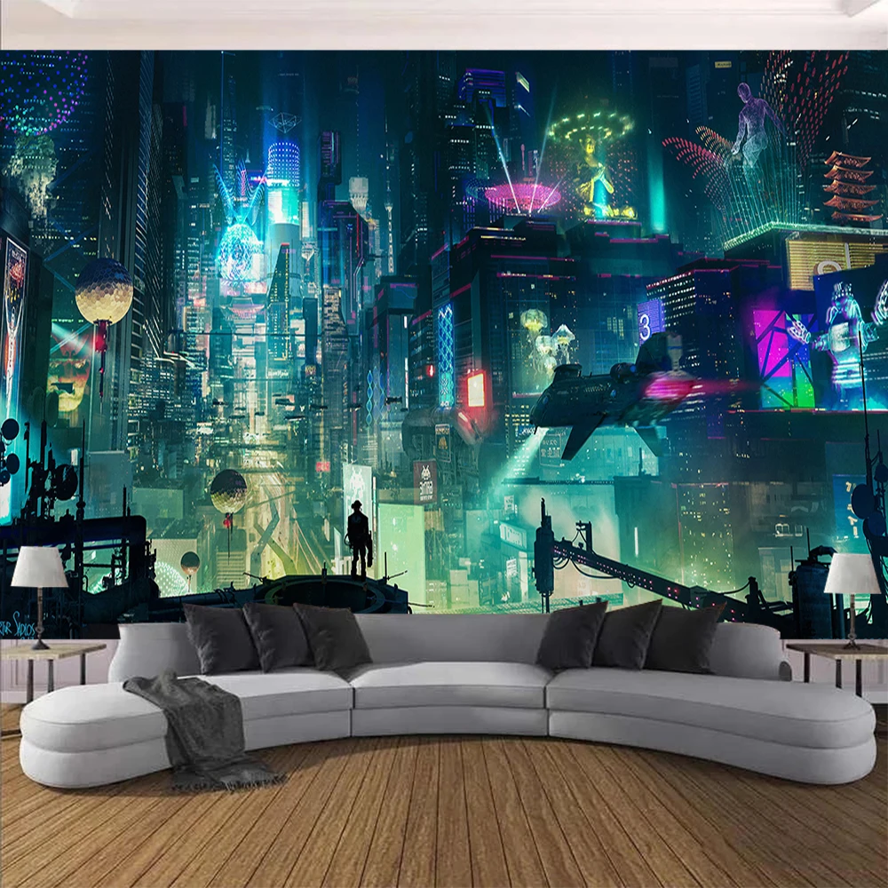 Tapisserie Cyberpunk Future City – Néons Multicolores – Image 3