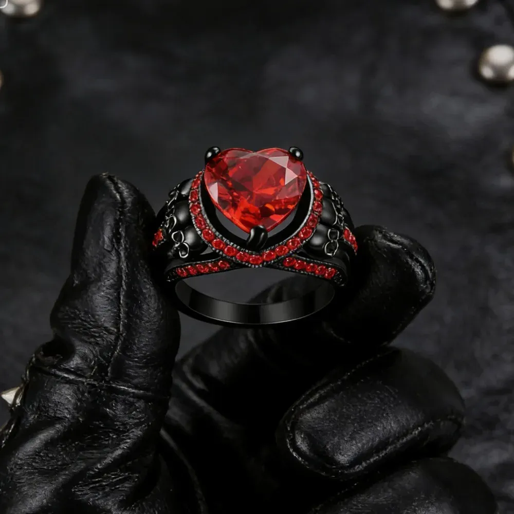 Bague Gothique Coeur Rouge et Cranes