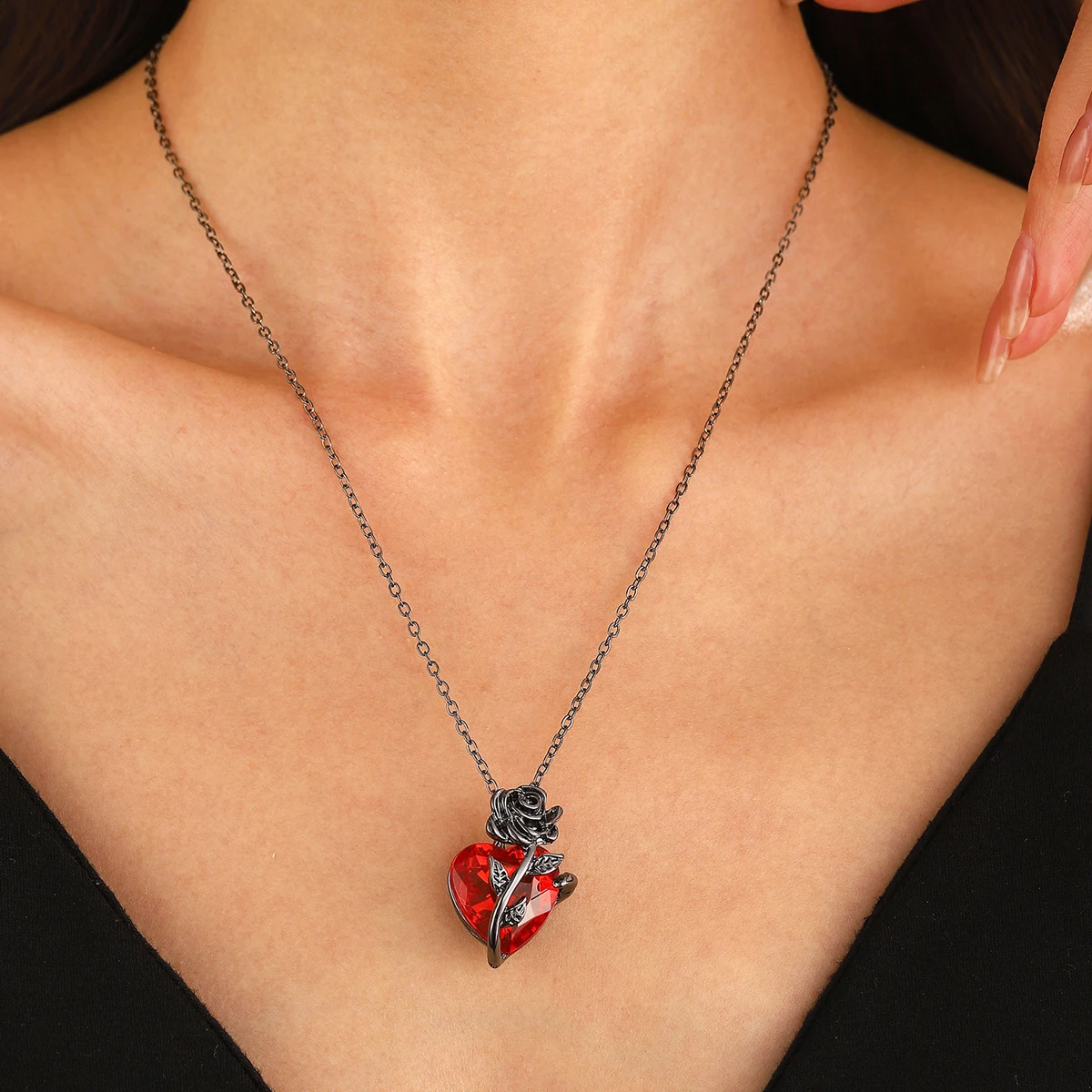 Collier Cœur Rouge et Rose Noire – Pendentif Romantique Sombre – Image 4