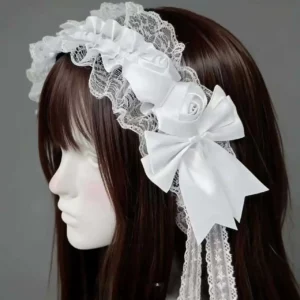 Bandeau Lolita en Dentelle Blanche – Grand Nœud et Rose