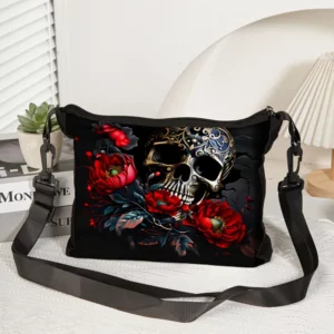Sac Bandoulière Gothique Crâne et Fleurs Rouges