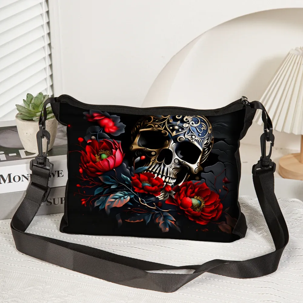 Sac Bandoulière Gothique Crâne et Fleurs Rouges