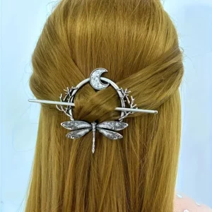 Barrette Gothique Lune et Libellule – Bijou de Cheveux Argenté