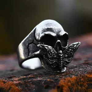 Bague Gothique Crane et Papillon Noir