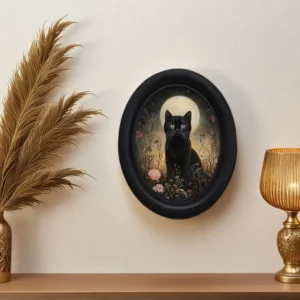 Déco Murale Gothique Chat Noir et Lune – Médaillon Ovale