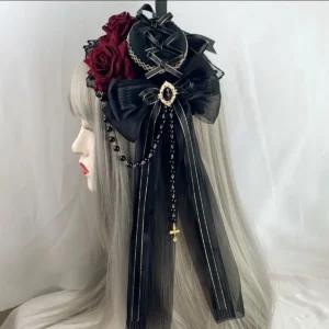 Barrette Gothique Chapeau Noir et Roses – Coiffure Lolita Sombre