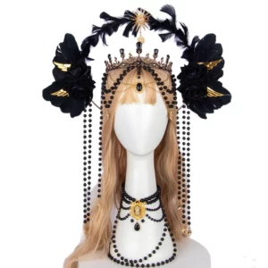 Coiffe Gothique Noire aux Ailes et Plumes