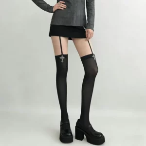 Collants Gothiques Noirs a Croix et Porte-Jarretelles