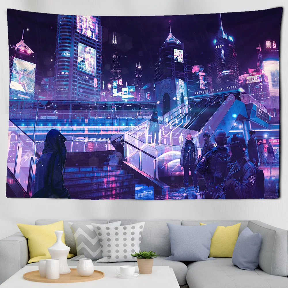 Tapisserie Cyberpunk Future City – Néons Multicolores – Image 2