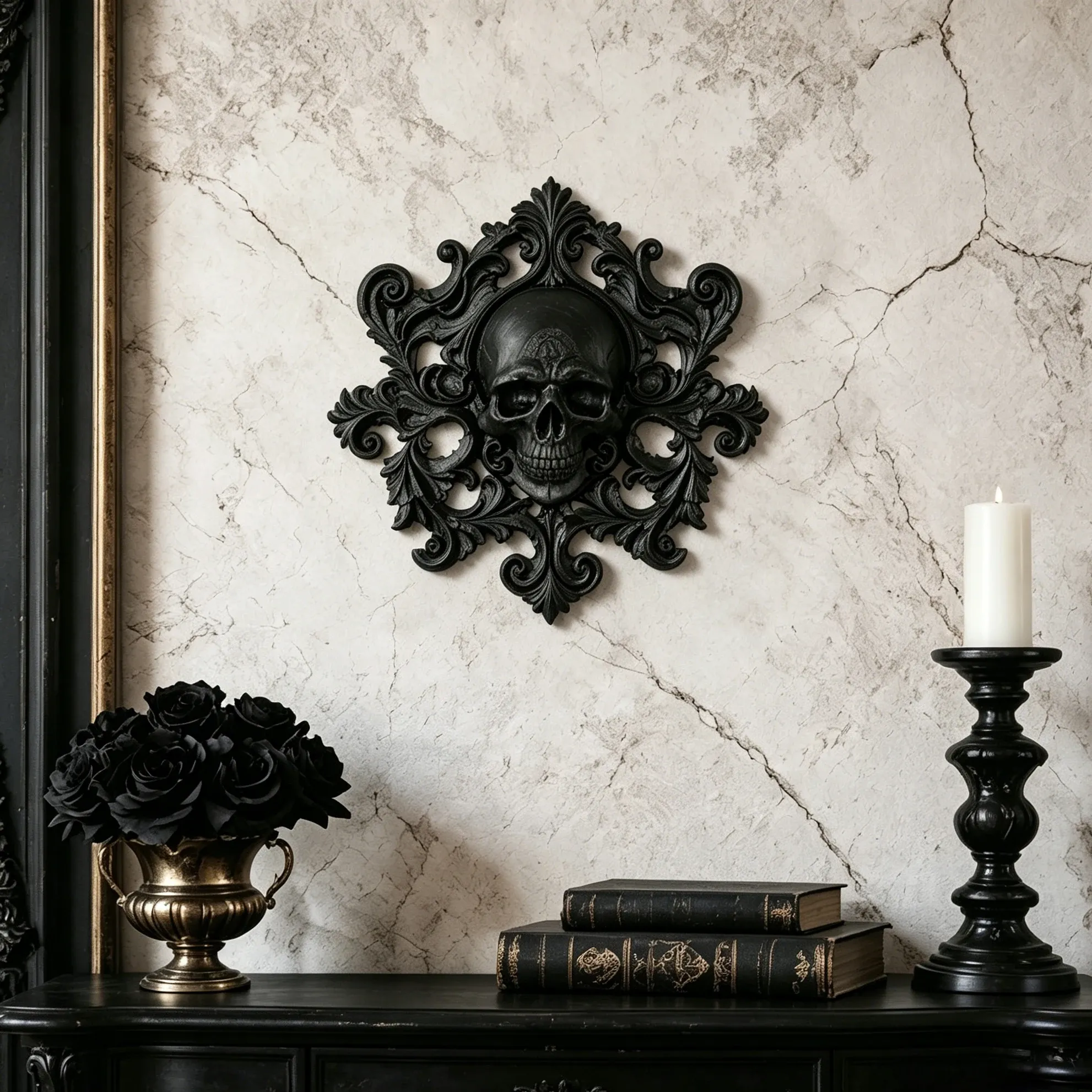 Ornement Mural Gothique Crâne et Volutes – Noir Mat