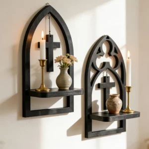 Étagère Murale Gothique Cercueil – Arche Noire et Croix