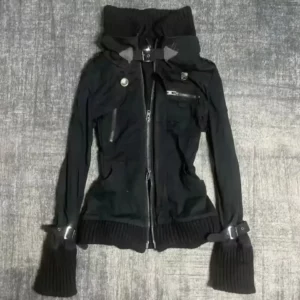 Veste Gothique Noire a Double Zip et Col Haut