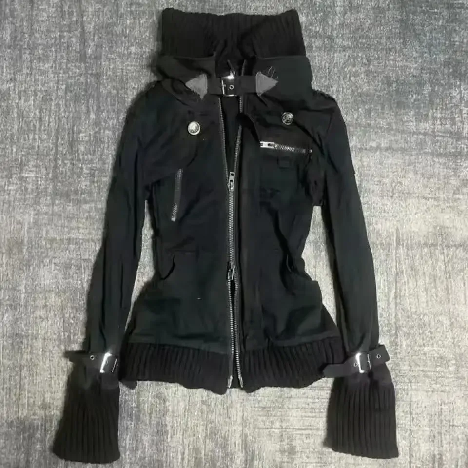 Veste Gothique Noire a Double Zip et Col Haut