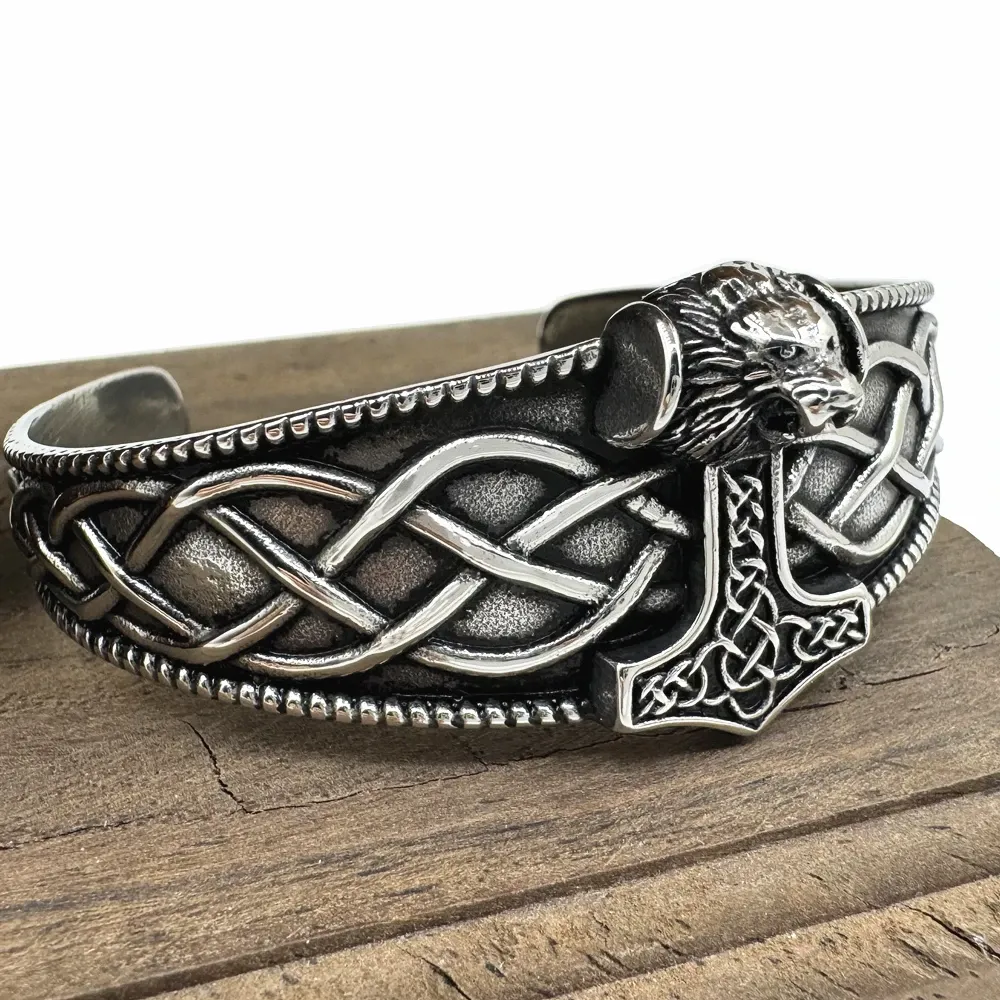 Bracelet Gothique Lion et Marteau – Bangle Acier Noir – Image 4