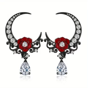 Boucles d’Oreilles Gothiques Lune et Rose Rouge