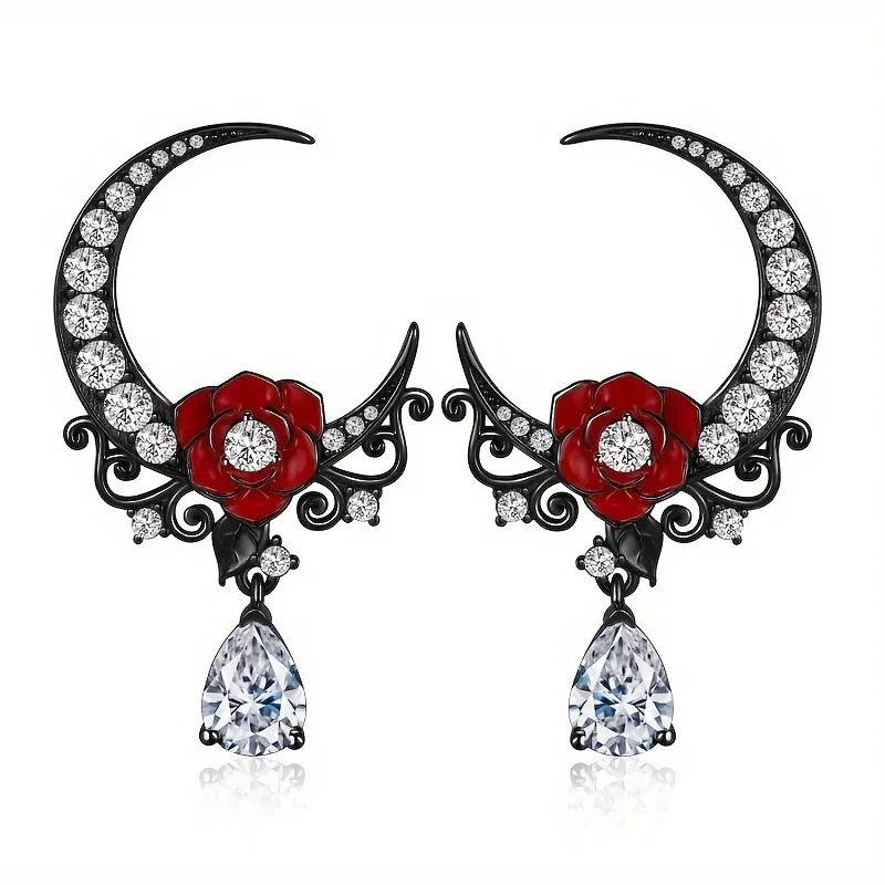 Boucles d’Oreilles Gothiques Lune et Rose Rouge