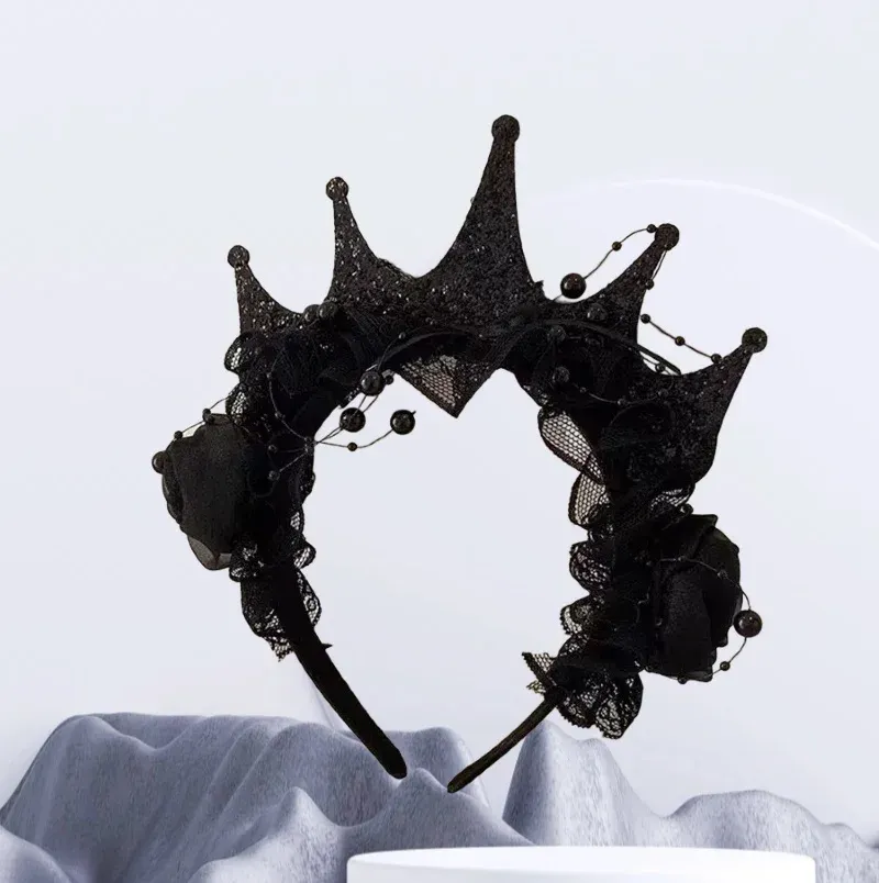 Couronne Gothique Rose Noire en Dentelle – Serre-Tête Victorien