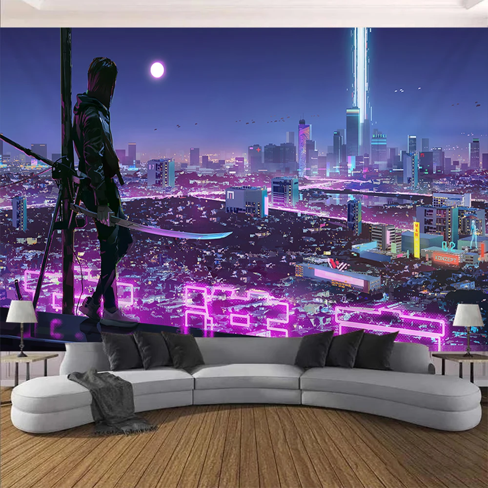 Tapisserie Cyberpunk Future City – Néons Multicolores – Image 4