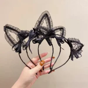 Serre-Tête Gothique Oreilles de Chat – Volants et Nœuds Noirs