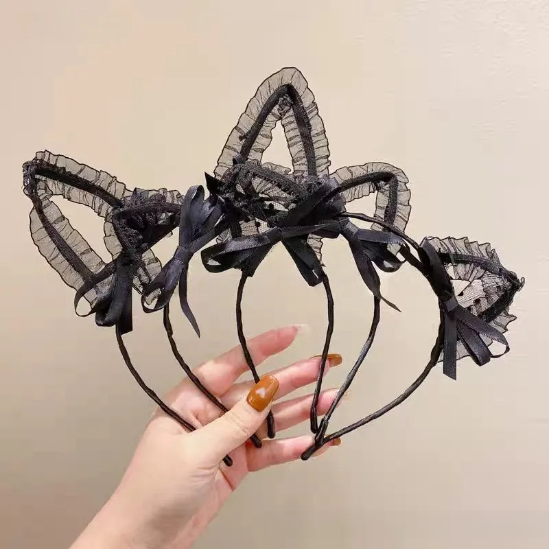 Serre-Tête Gothique Oreilles de Chat – Volants et Nœuds Noirs